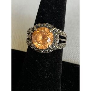 925 Sterling Silver Citrine & Marcasite Gemstone ring Size 6.5 Vintage Estate